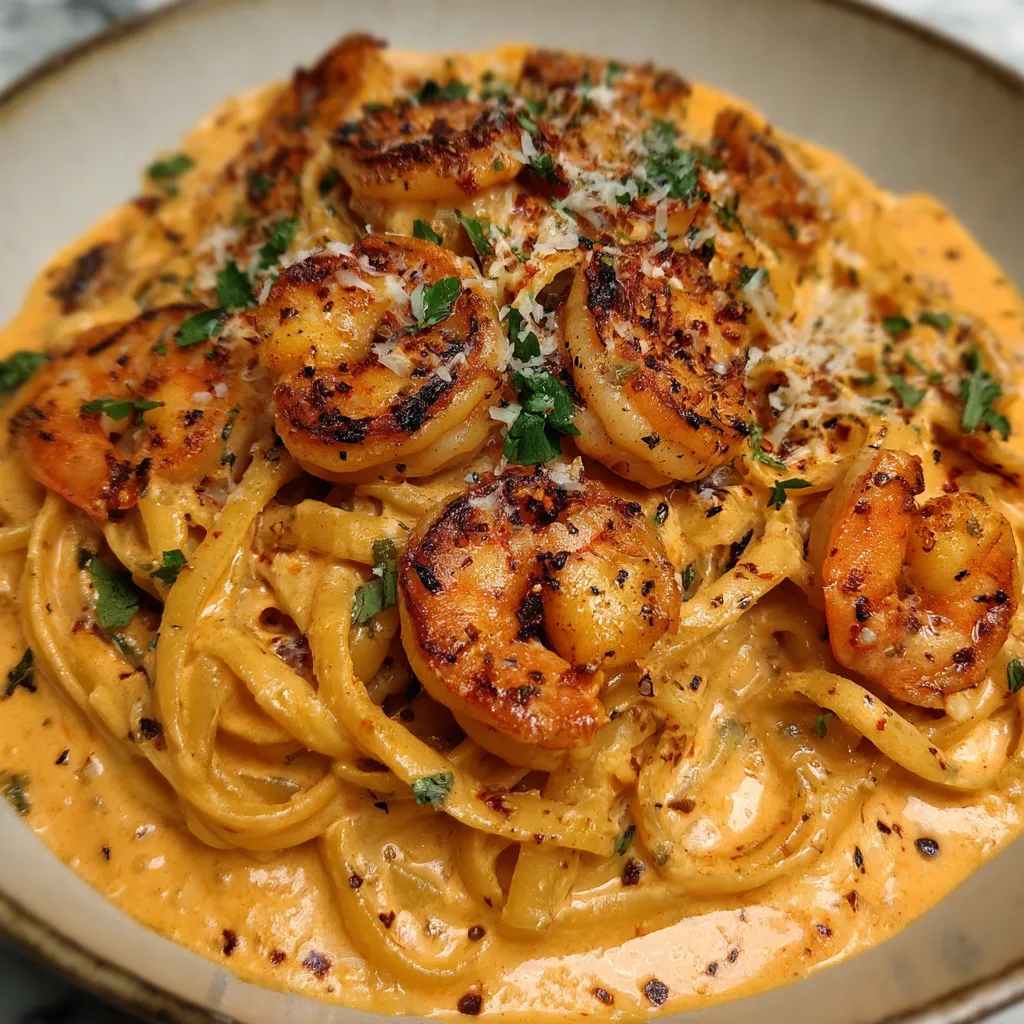 A bowl of shrimp and pasta.