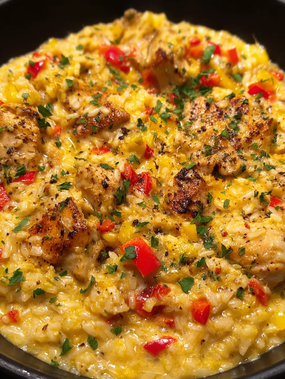 A close up of a dish with rice and chicken.