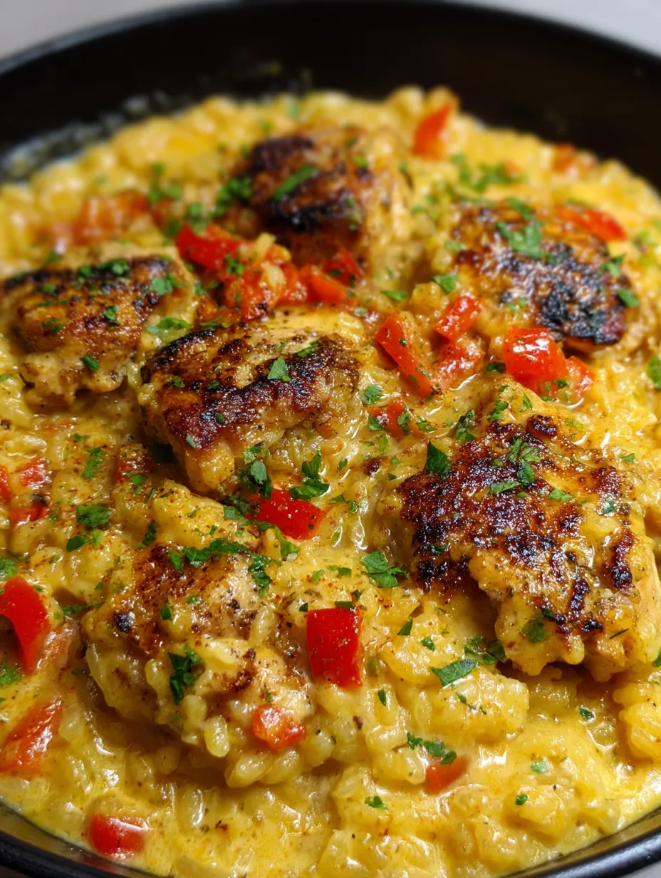 A close up of a dish with chicken and rice.