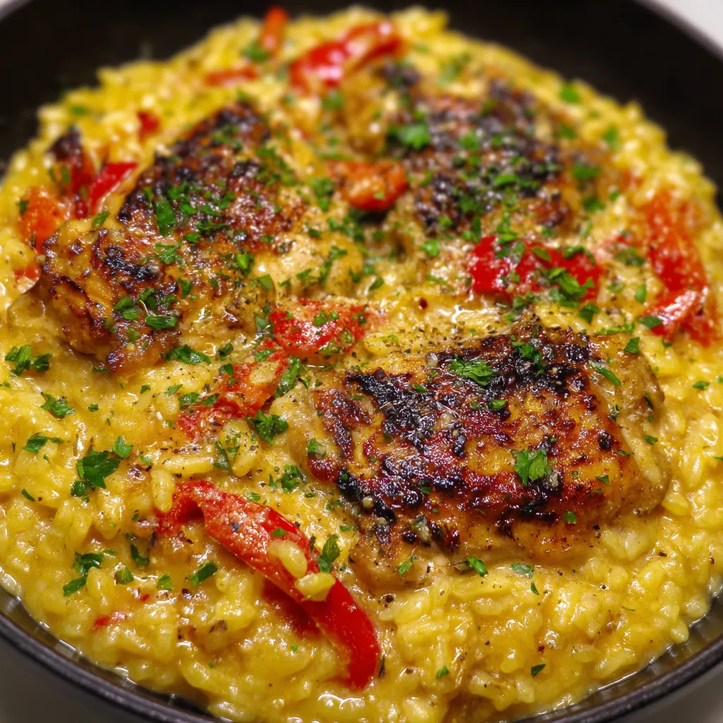 A bowl of rice with chicken and peppers.