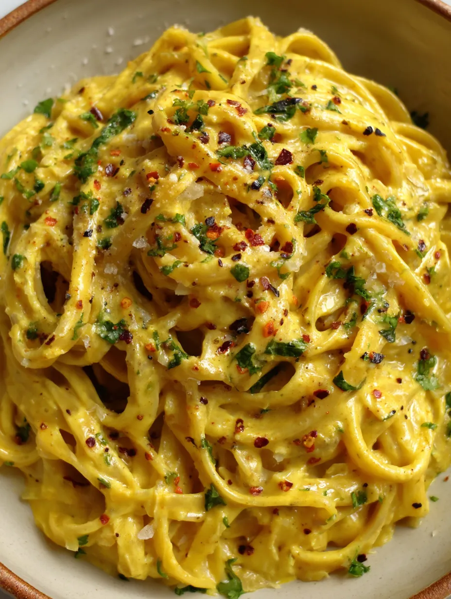 A bowl of pasta with herbs and spices.