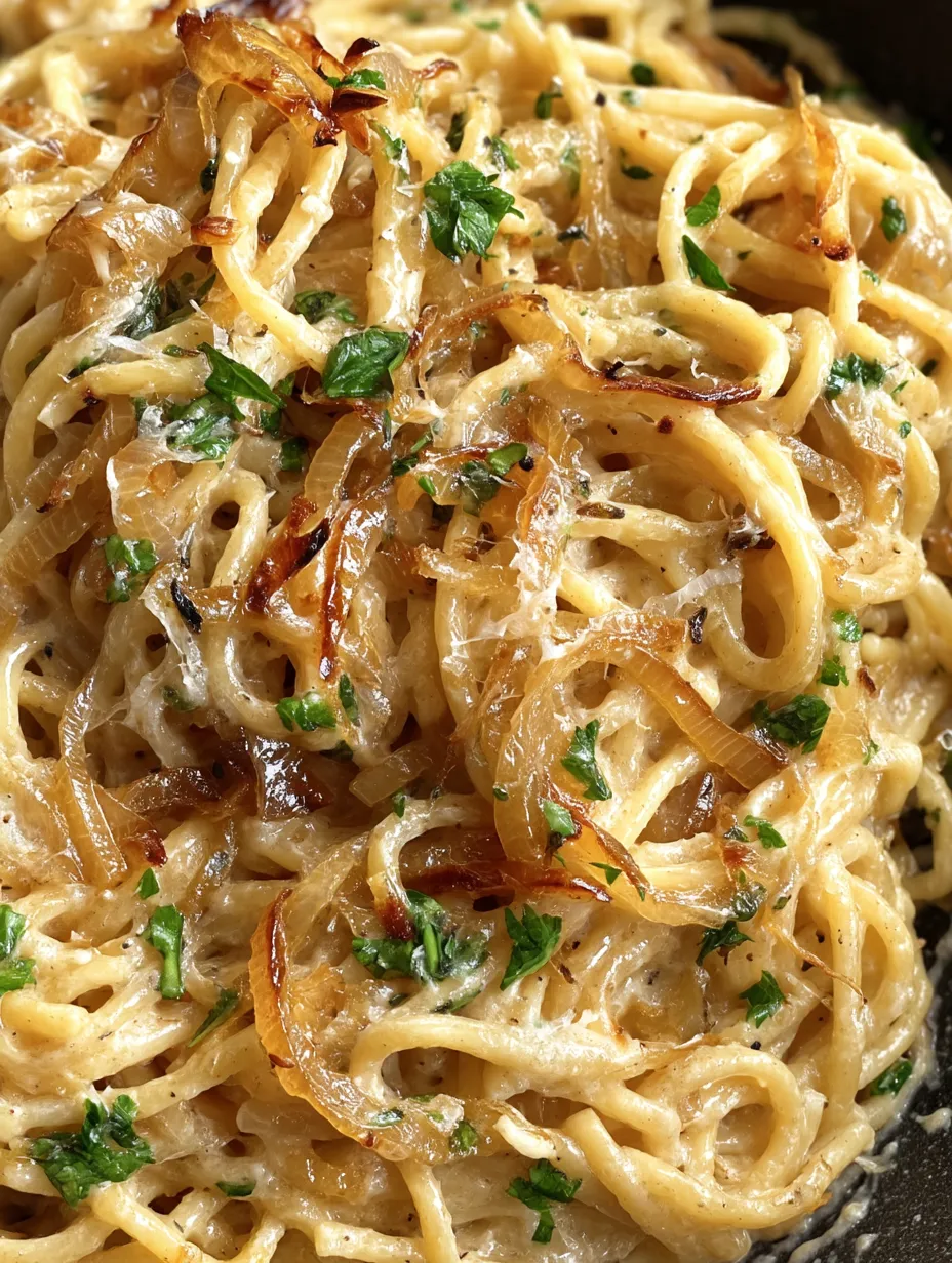 A bowl of pasta with onions and herbs.