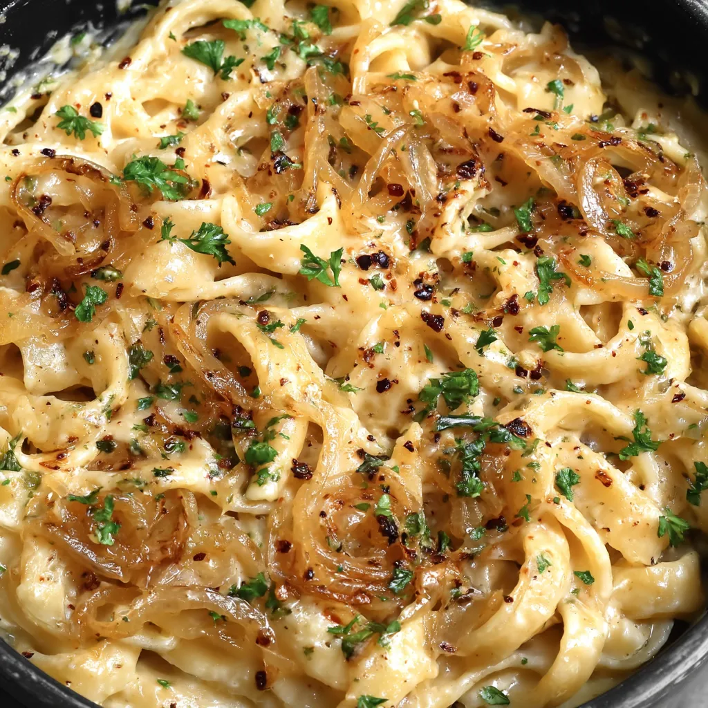 A bowl of pasta with onions and herbs.