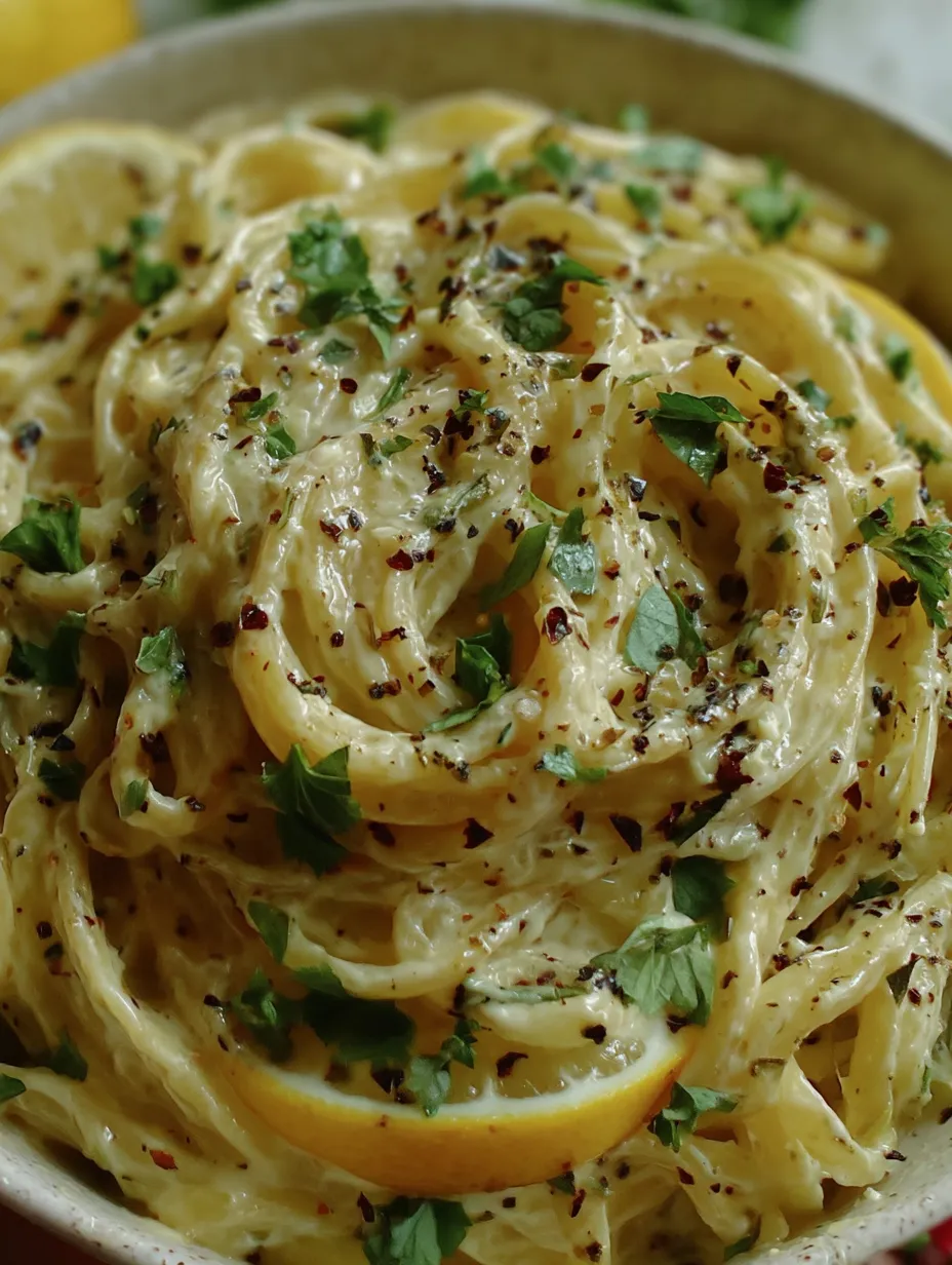 A bowl of pasta with a lemon wedge on top.