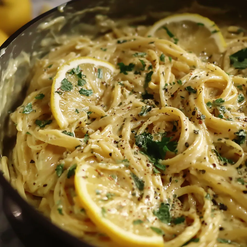 A bowl of pasta with lemon slices on top.