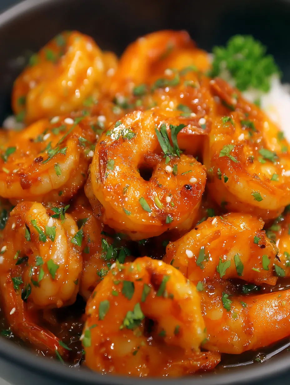 A plate of shrimp with a green garnish.