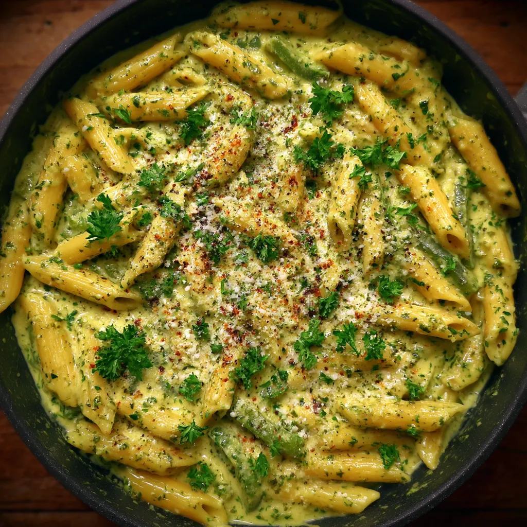 A bowl of pasta with cheese and herbs.