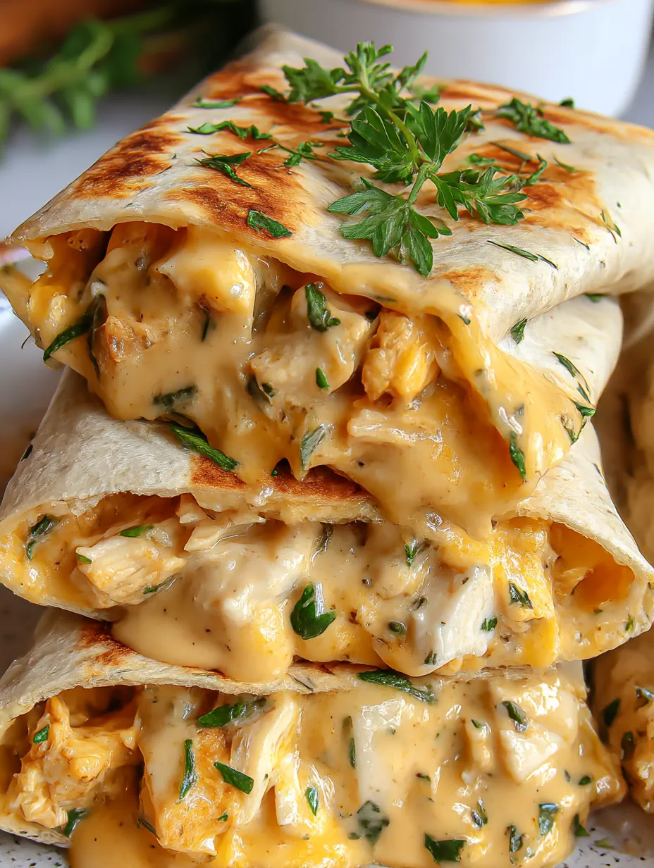 Three wraps stuffed with chicken and gooey cheese.