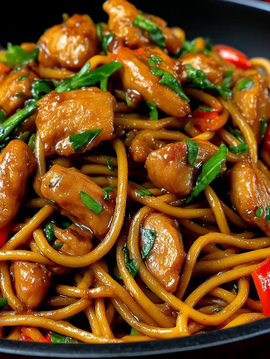 Chicken spaghetti lo mein served on a plate.