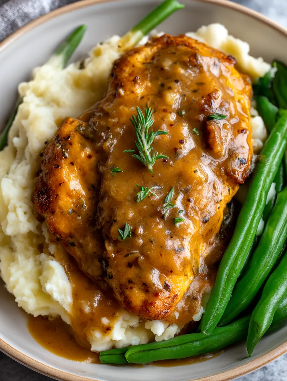 Smothered chicken on a plate served next to crisp green beans.