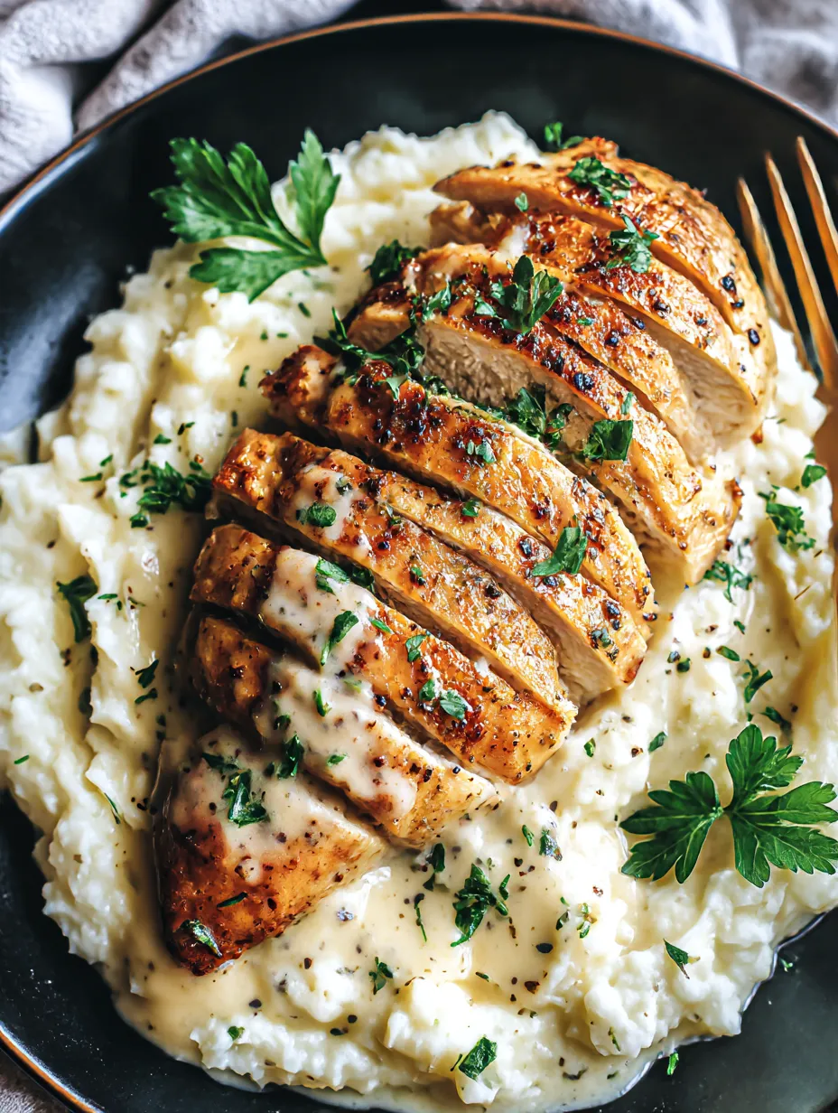 A plate with juicy baked chicken and potatoes on the side.