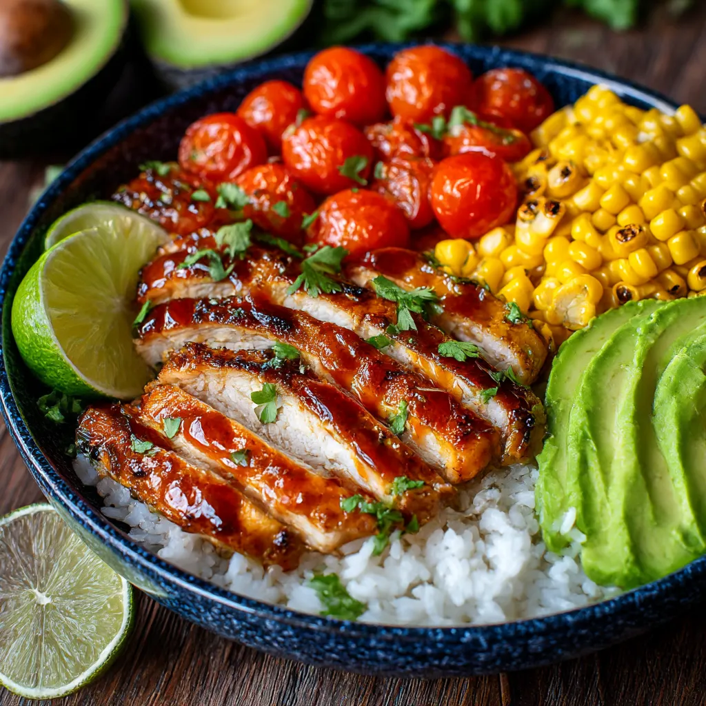 A bowl stacked with chunks of chicken, rice, lime, avocado, and tomatoes all together.