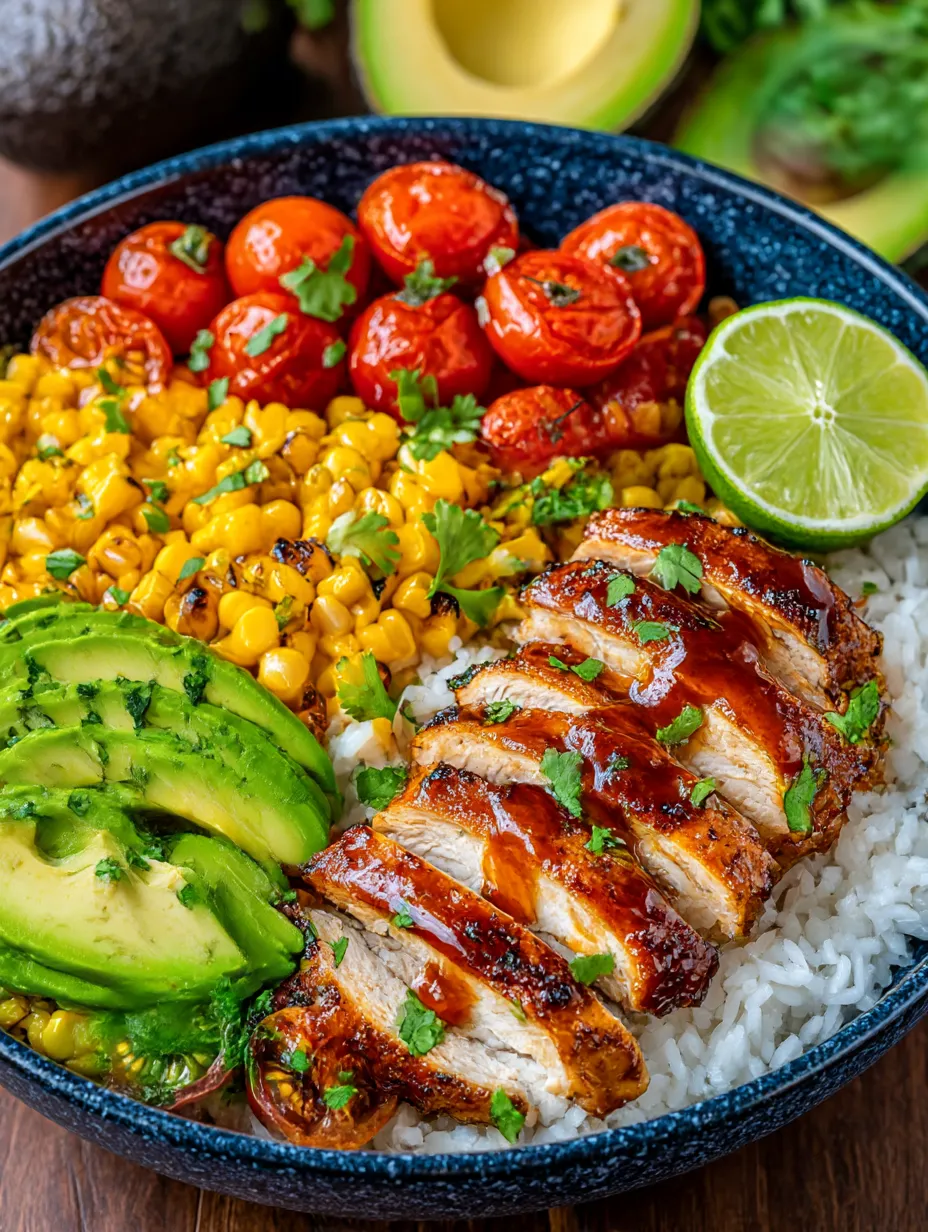 A bowl with chicken, rice, corn, tomatoes, lime, and avocado all together.