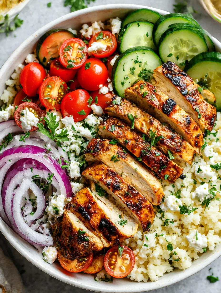 A bowl packed with chicken, tomatoes, feta, cucumbers, and onions.