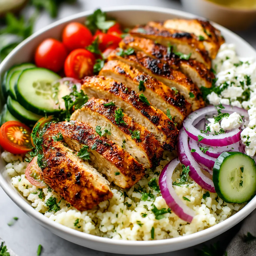Chicken, cherry tomatoes, onions, and cucumbers in a bowl.