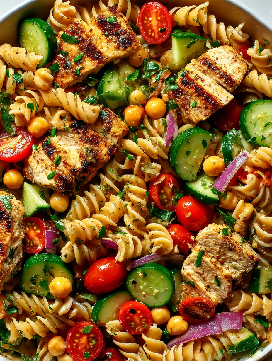 Chicken, veggies, pasta, and more in a colorful, high-protein bowl.