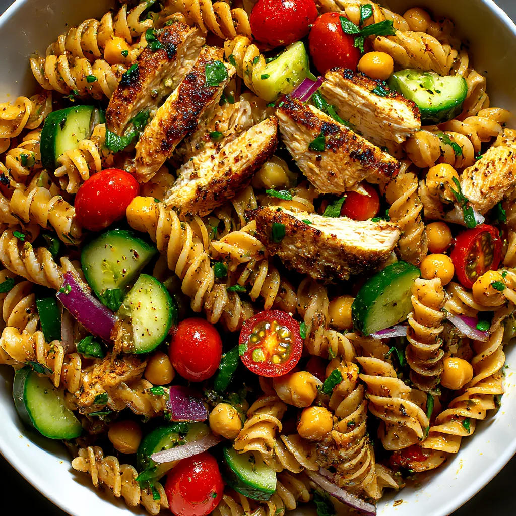 Big bowl loaded with pasta, grilled chicken, tomatoes, and cucumbers.