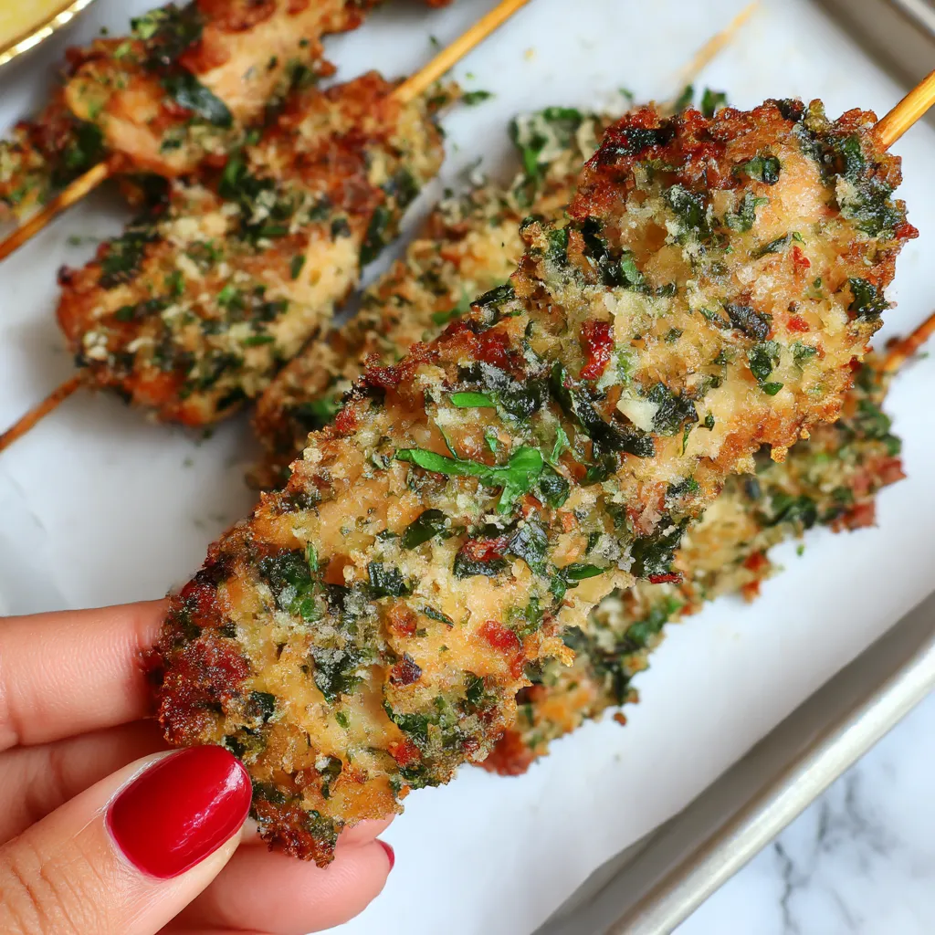 Someone's holding up a stick with cheesy garlic chicken bites.