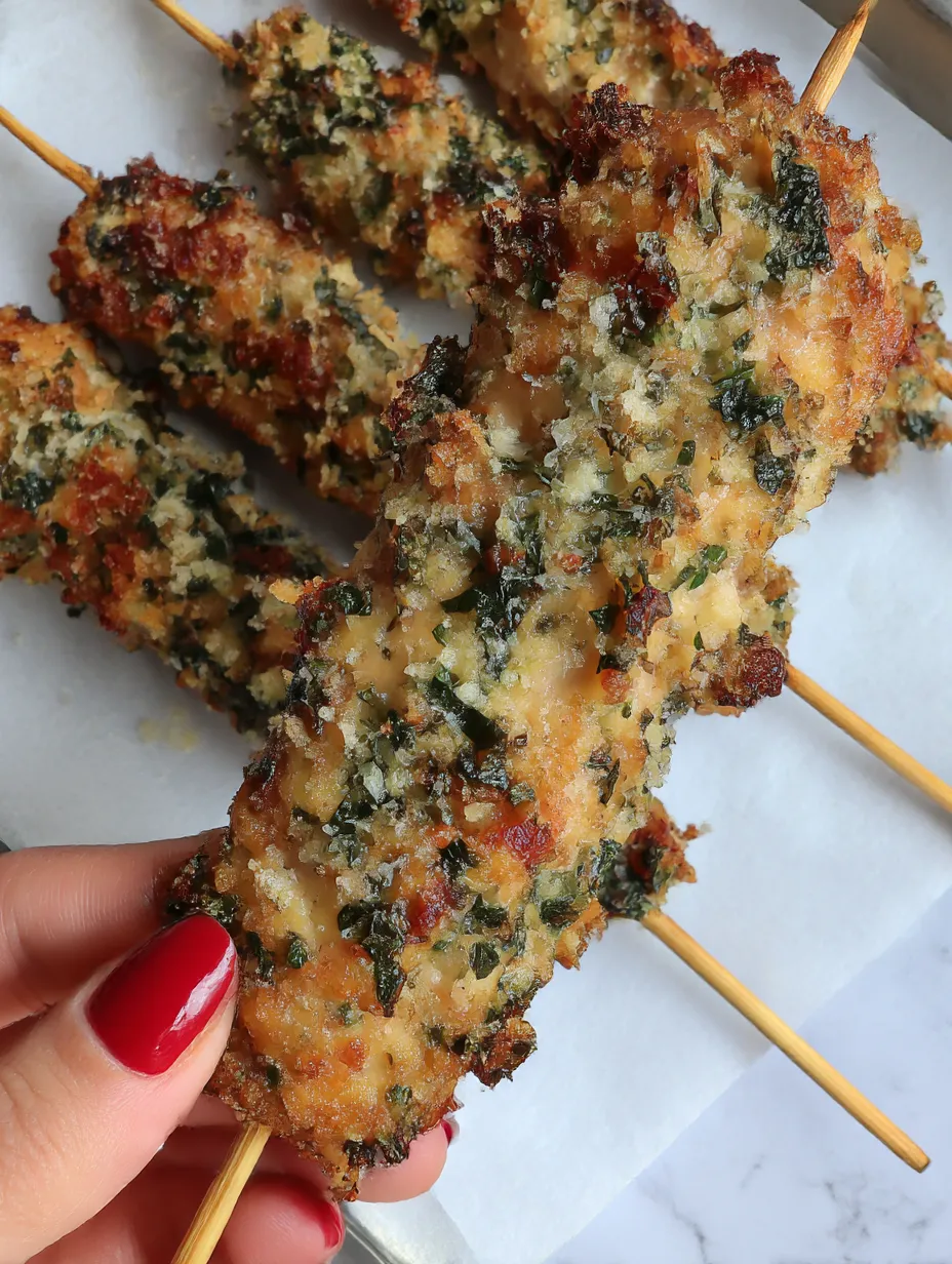 Someone’s holding up a stick packed with garlicky parmesan chicken.