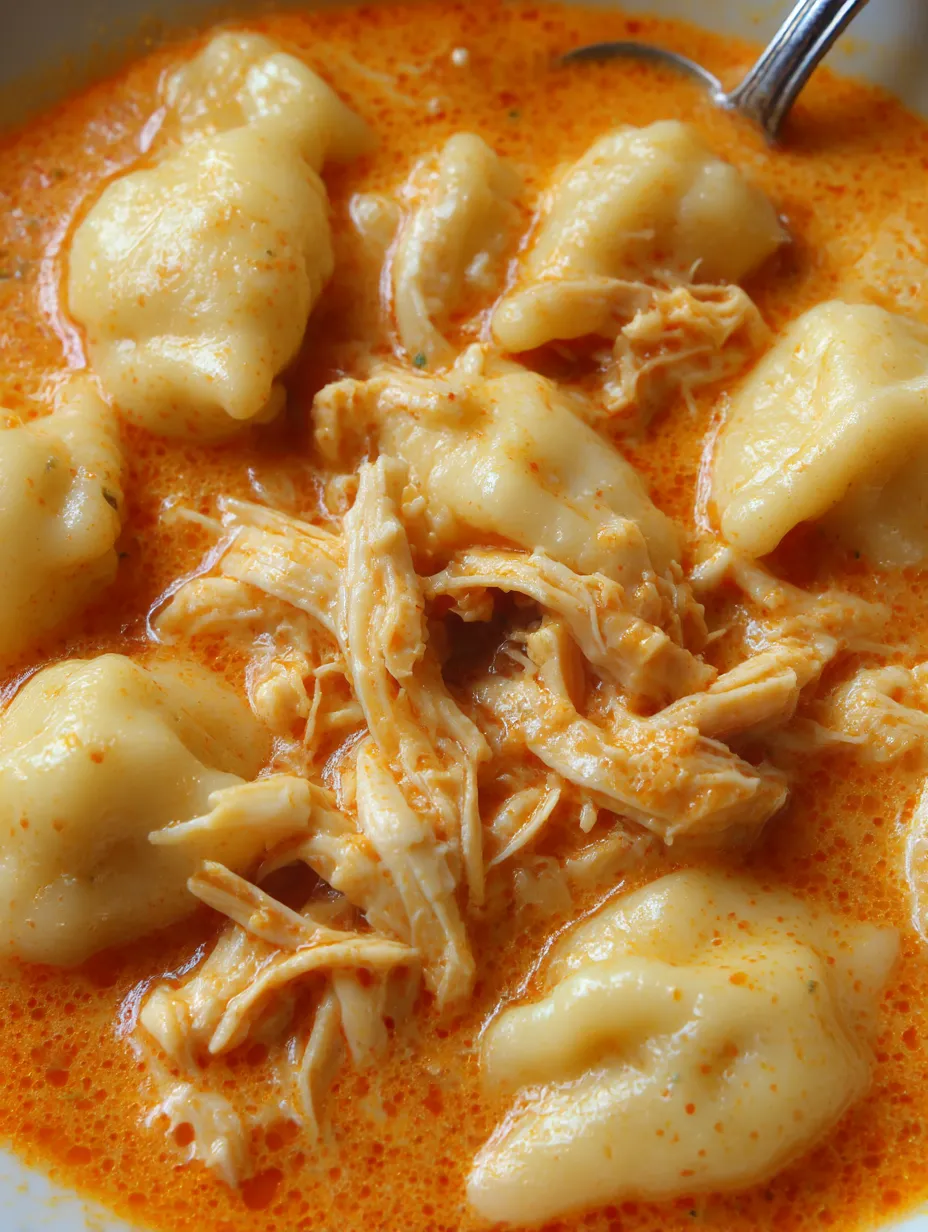 A bowl filled with chicken and fluffy dumplings.