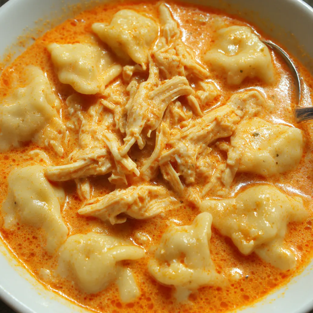 A bowl with chicken and dumplings, saucy and steaming.