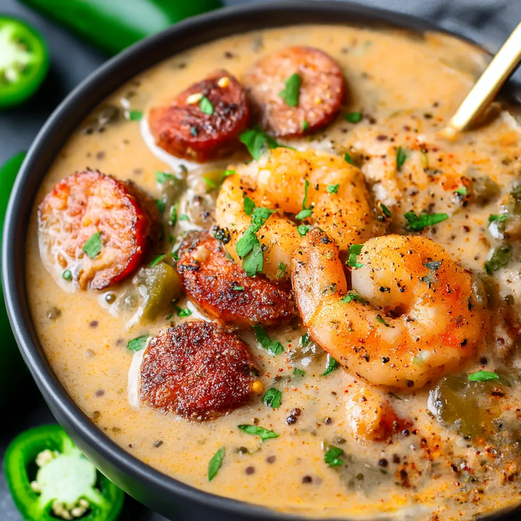 A bowl full of creamy Cajun-style chili with spicy shrimp and sausage.