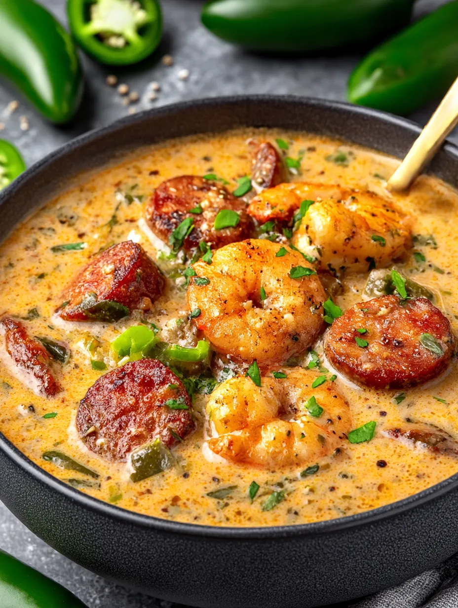 A bowl filled with Cajun White Chicken Chili topped with shrimp and bell peppers.
