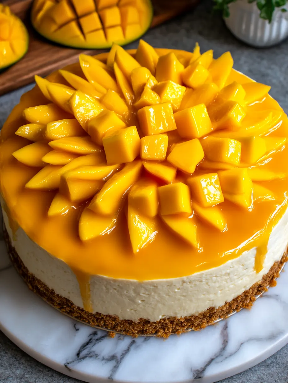 A slice of tropical mango cheesecake.