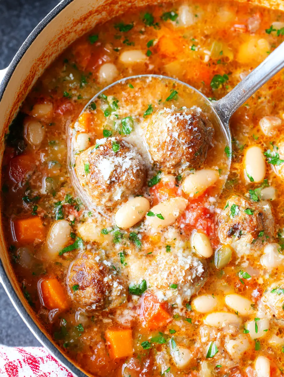 A spoon in a bowl of meatball soup.