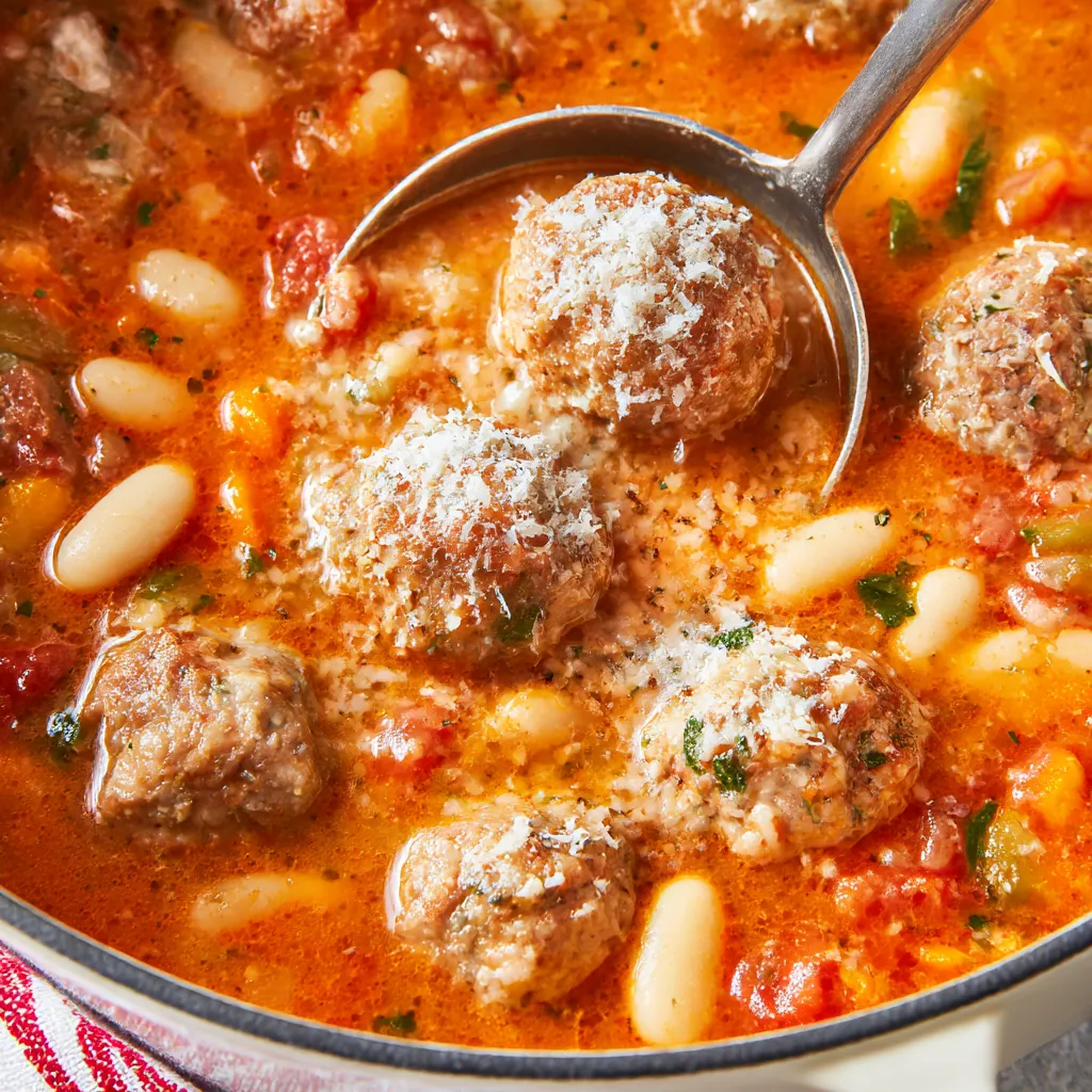 A steaming bowl of tomato bean meatball soup with a spoon inside.