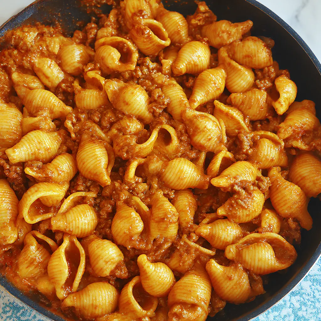 Bowl loaded with pasta and beef sauce.