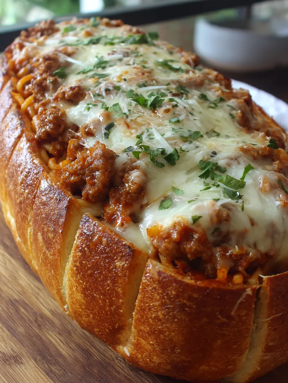 Ein Baguette mit Rindfleisch-Sauce und grünen Zutaten darauf.