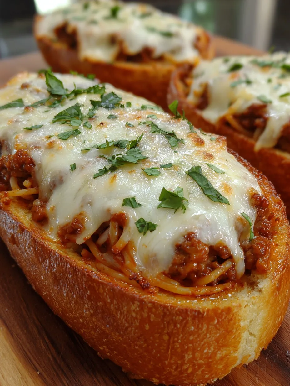 Ein Sandwich mit Spaghetti und Käse auf einem Tisch.