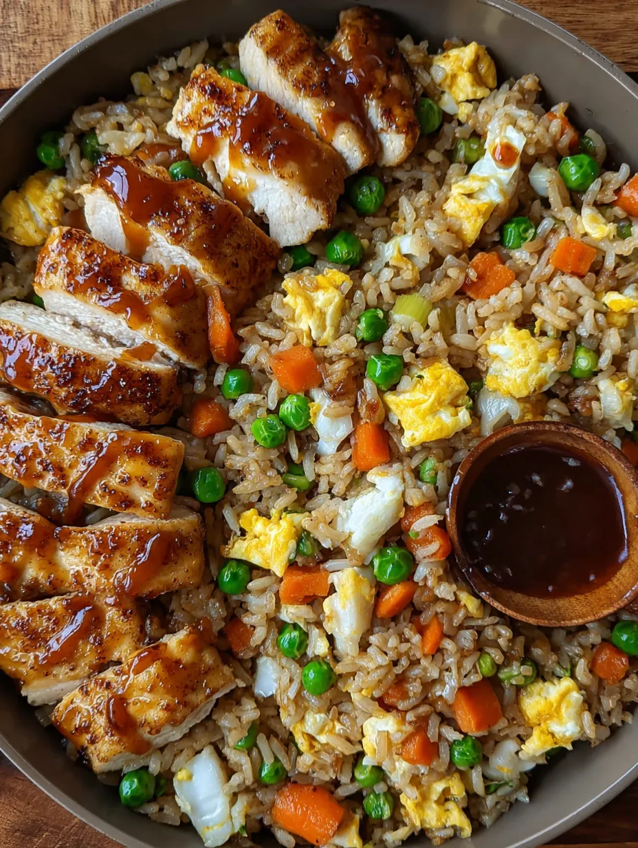 A shot of a rice dish with Chinese touches—carrots, chickpeas, eggs, and chicken.