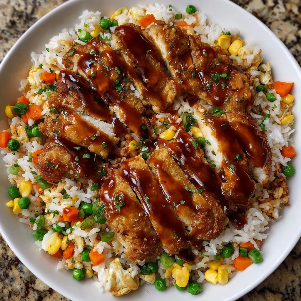 A white plate covered with fried rice and chicken.