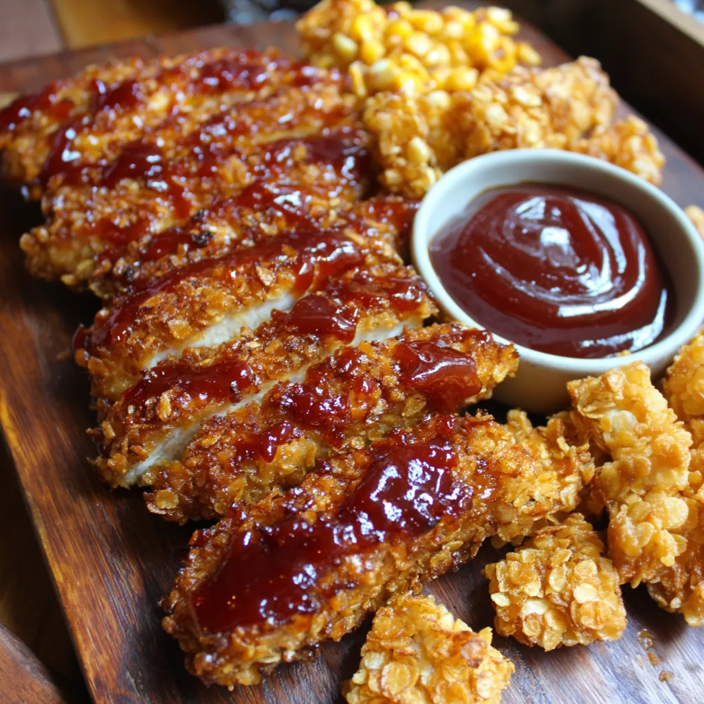 A board holding fresh chicken strips with ketchup and potatoes on the side.