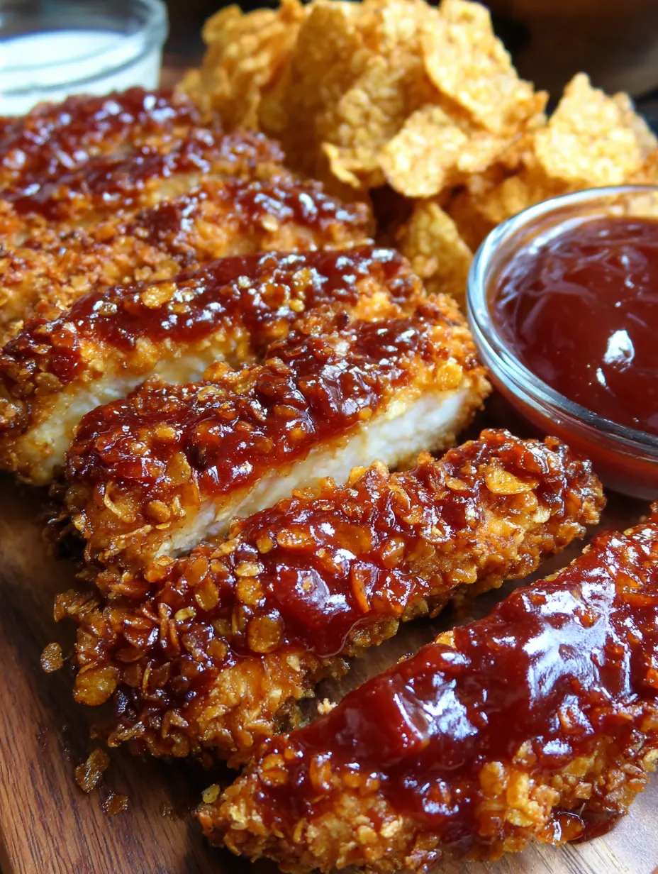 A platter full of warm chicken strips drizzled with sauce.