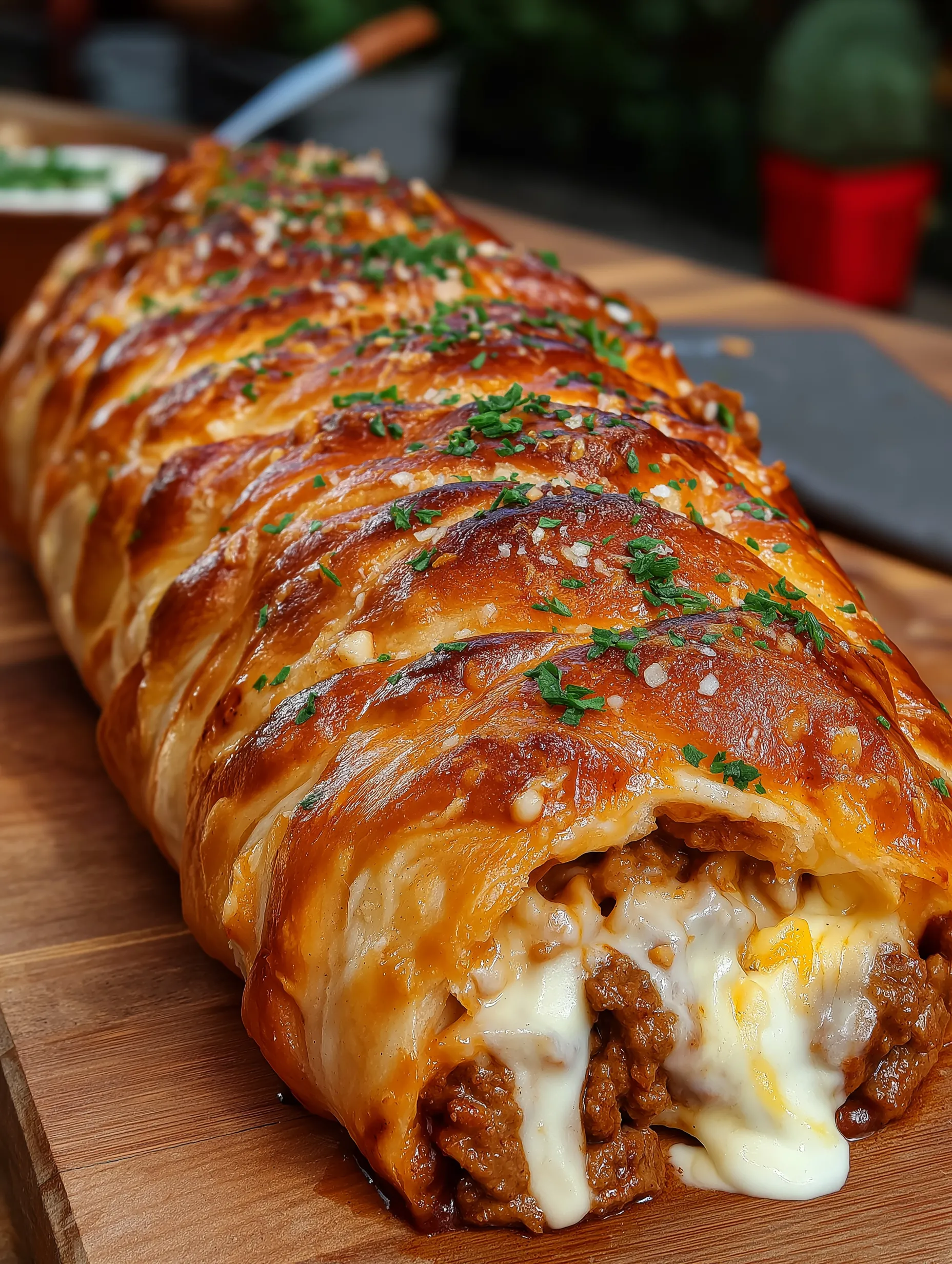A giant stuffed sandwich, sliced, on a table.
