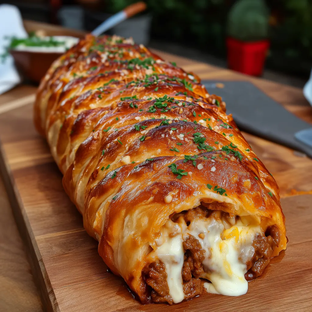 A big toasted sandwich layered with cheese and sauerkraut on a cutting board.