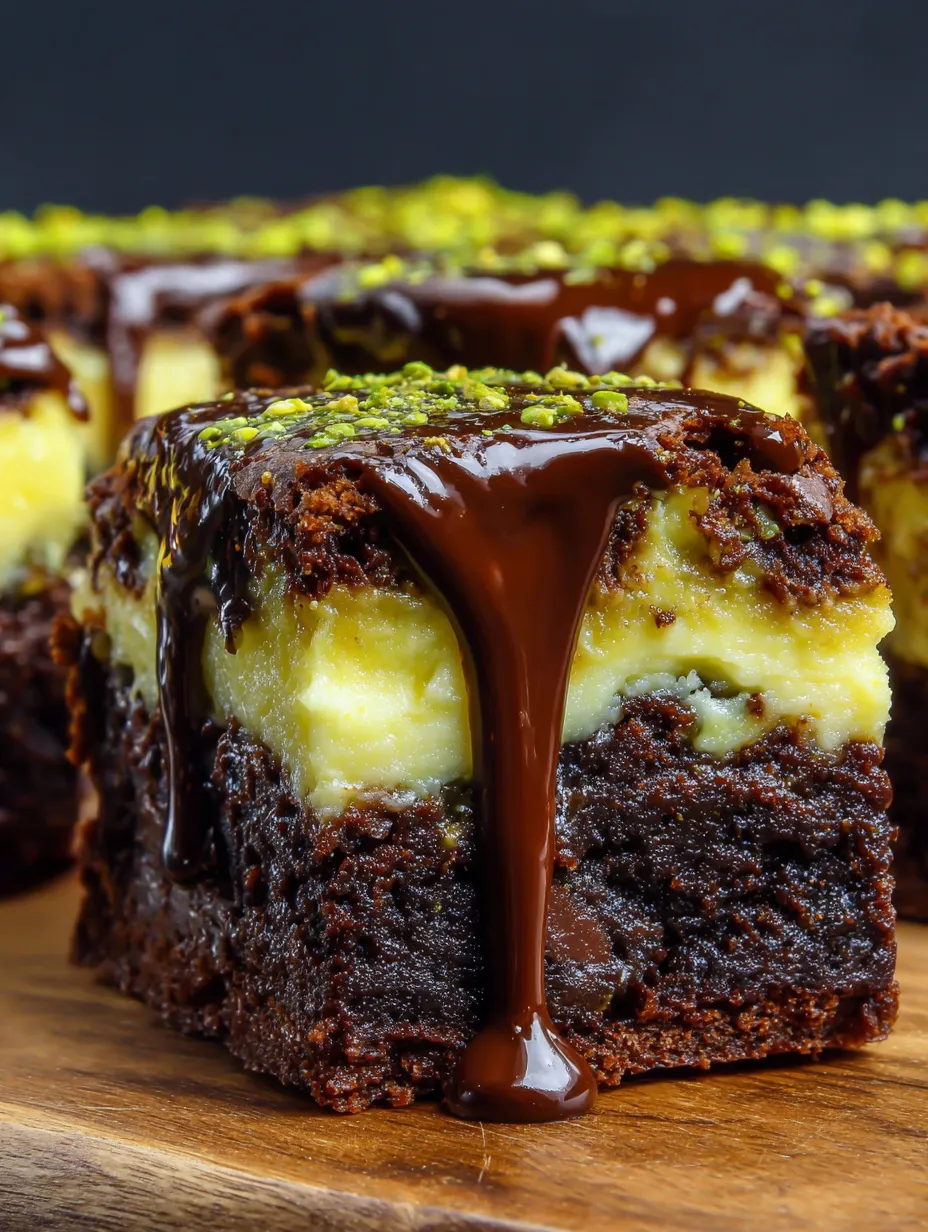 A chocolate treat with glossy glaze and syrup on a wooden block.
