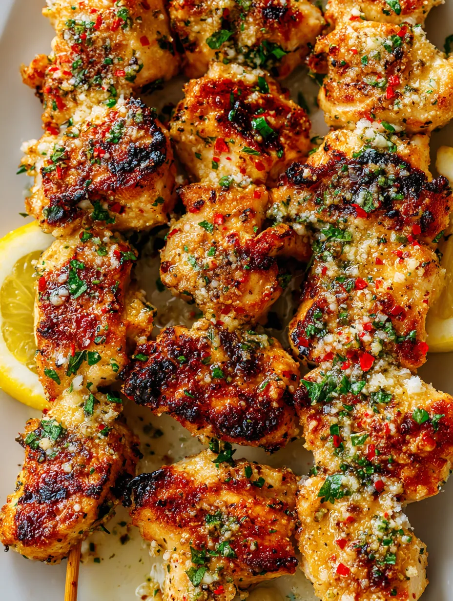 Chicken skewers laid out on a plate and showered with parmesan and lemon slices.