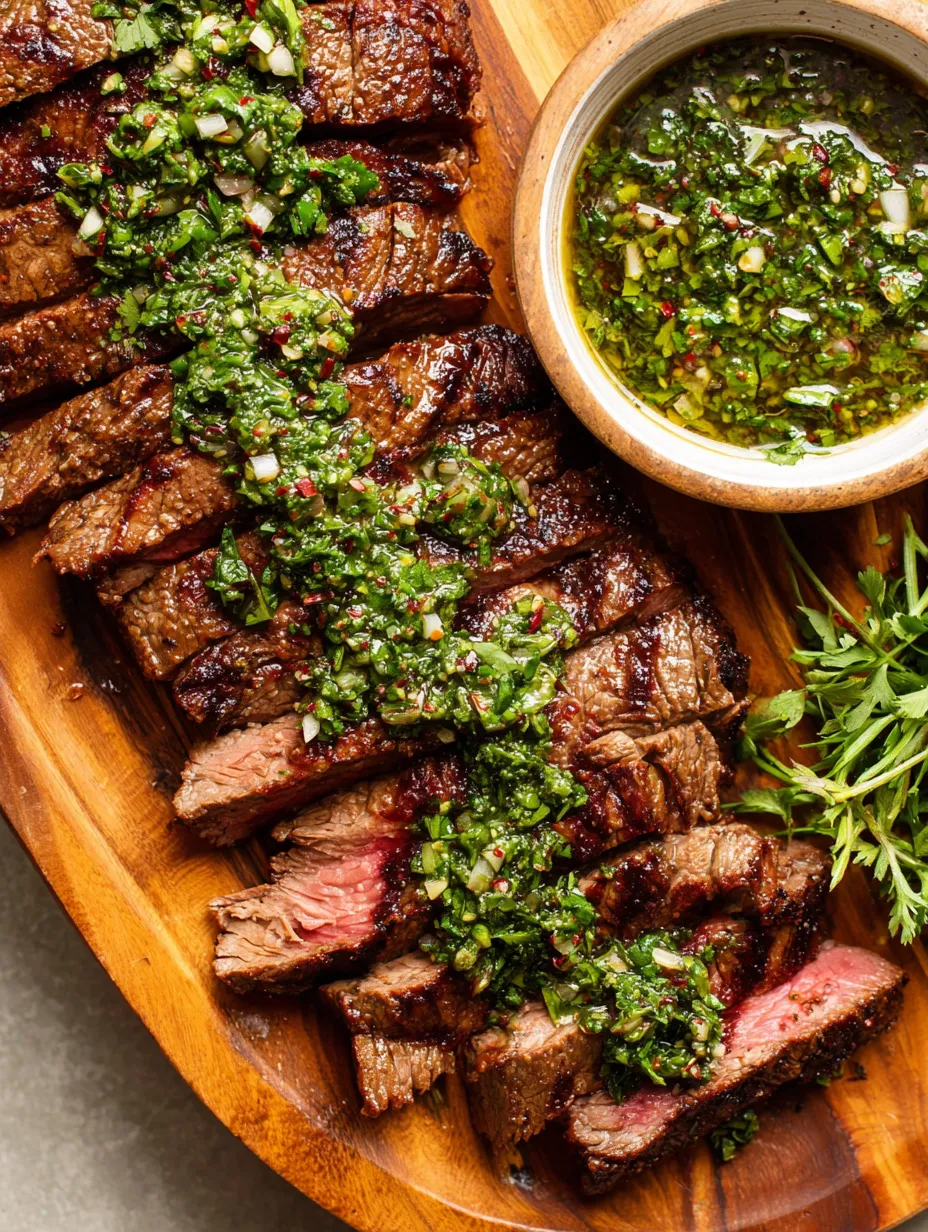 A chunk of beef surrounded by green herbs sits on a wooden board.
