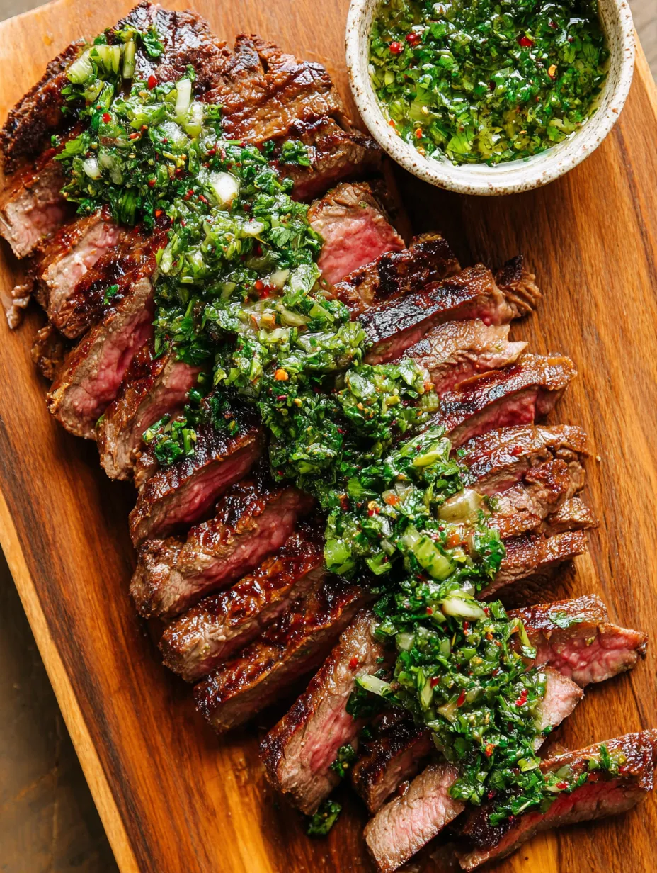 A wooden board holds beef with greens and fresh herbs on top.