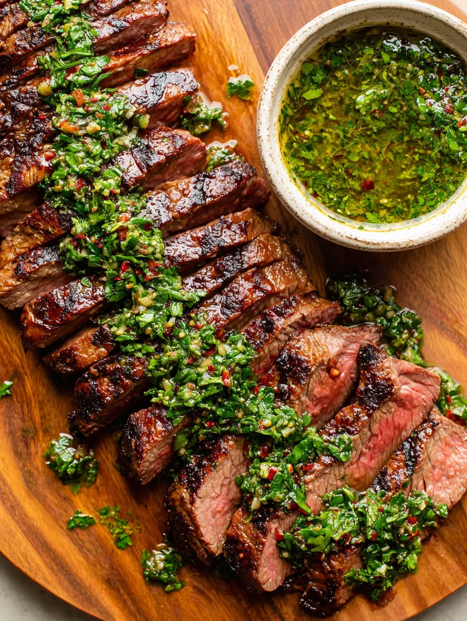 A bowl of green sauce sits beside grilled beef and an extra dish of sauce on a table.