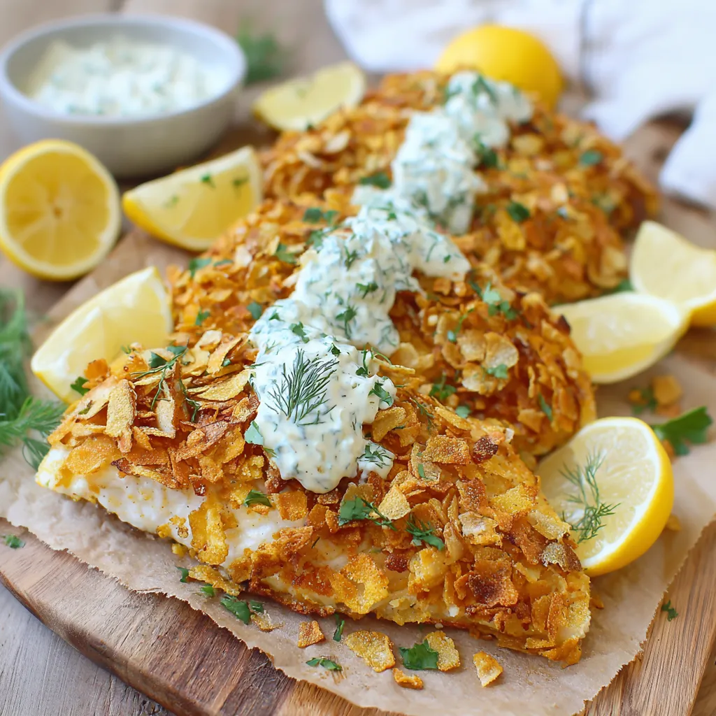 A piece of fish with fries and creamy dip on a wooden board.