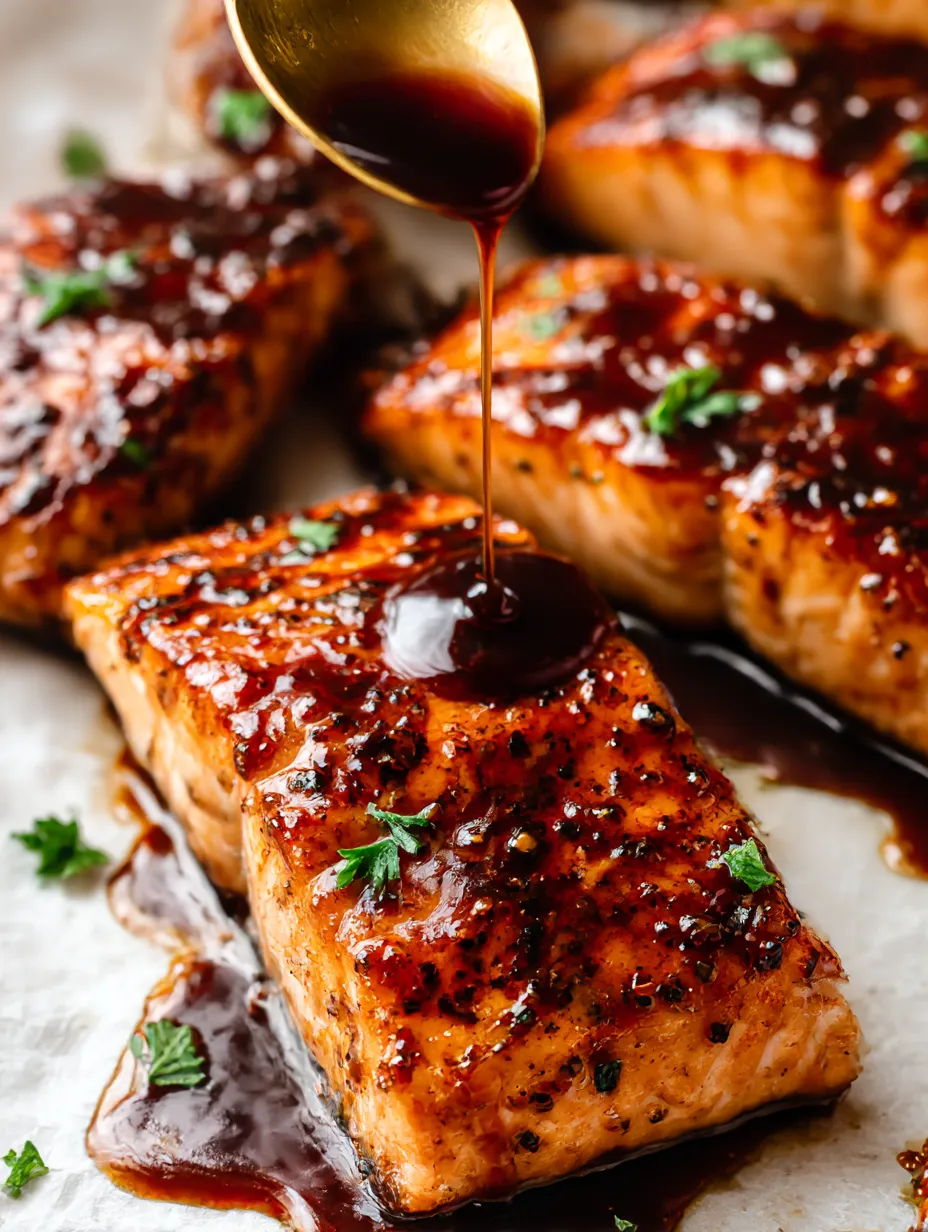 Close look at juicy salmon with a drizzle of honey on top.