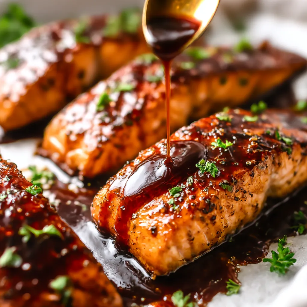 A chunk of salmon close up, topped with shiny honey glaze.