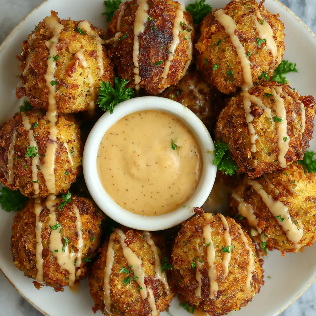 A bunch of crunchy Reuben balls served with a spicy Thousand Island dip.