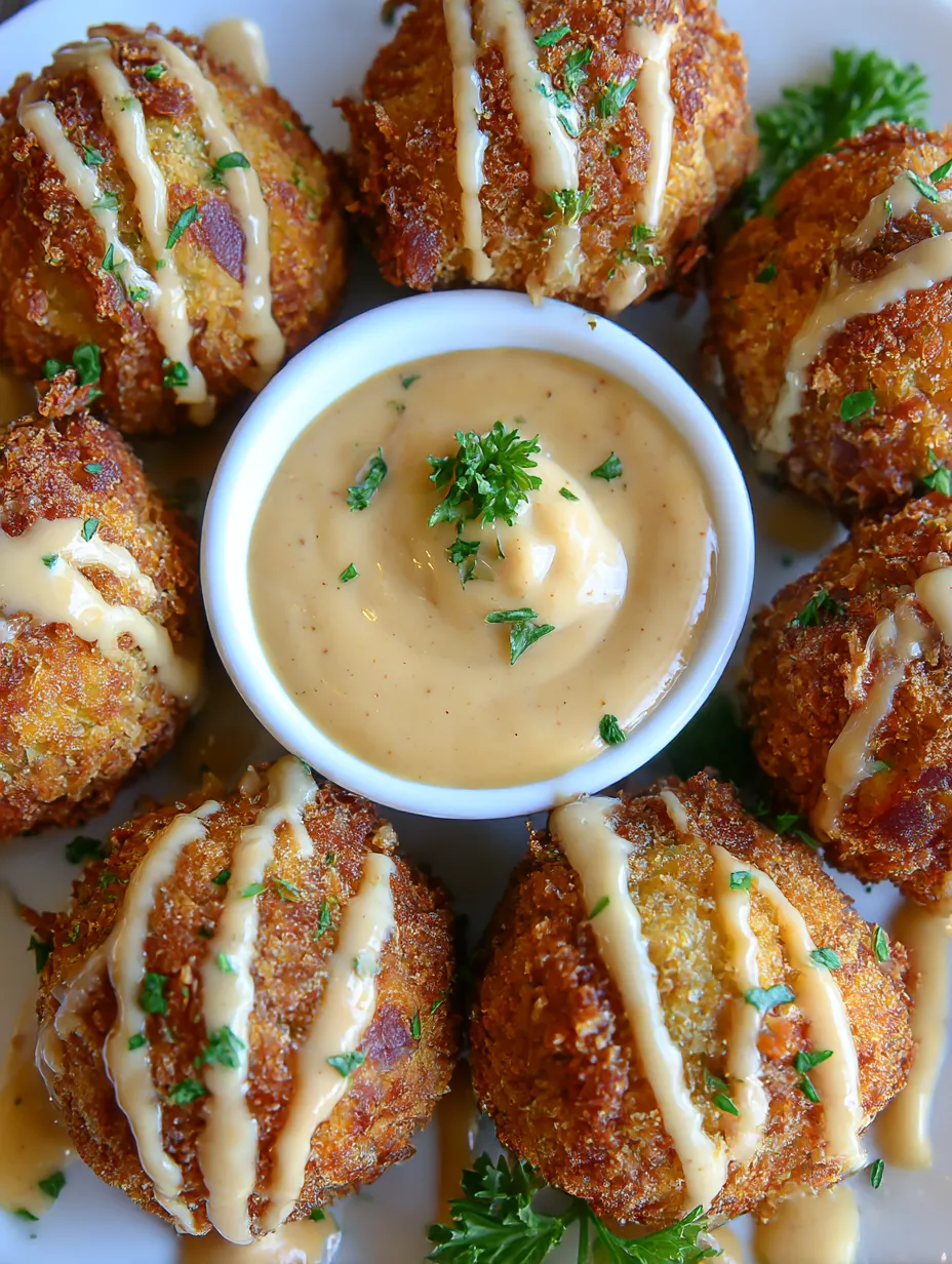 Crispy bites of Reuben balls and a bowl of spicy thousand island sauce.