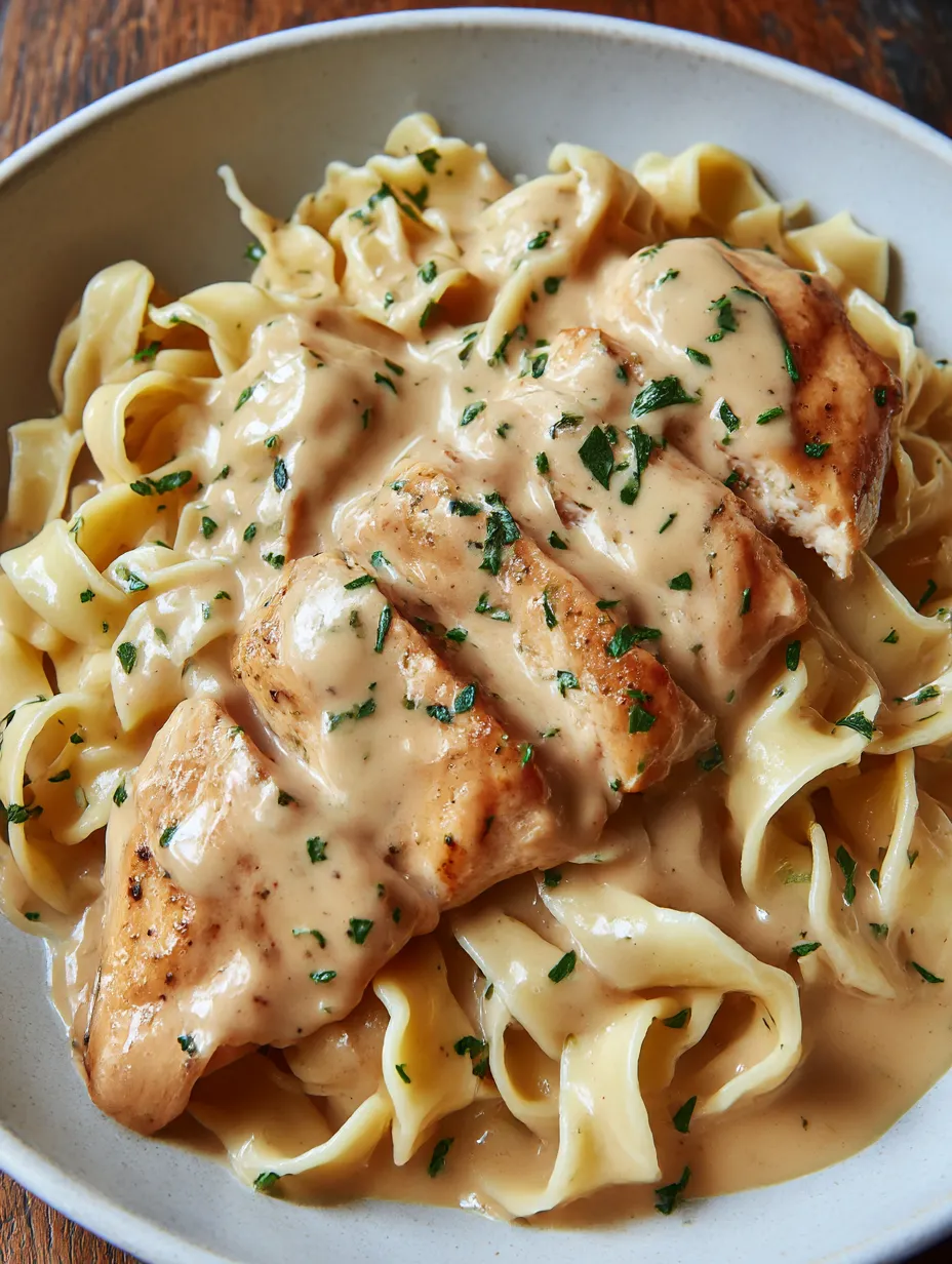 A plate of chicken with buttered noodles.